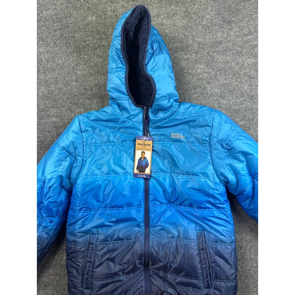 Eddie Bauer Reversible Jacket Kids L 14/16 Blue Sherpa Lined Puffer Hooded NWT - Picture 1 of 4